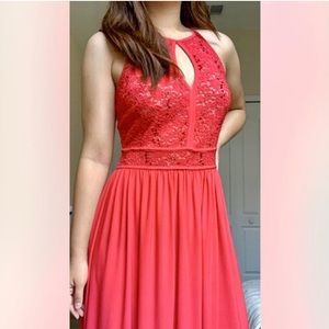 long red formal dress with lacing at the top